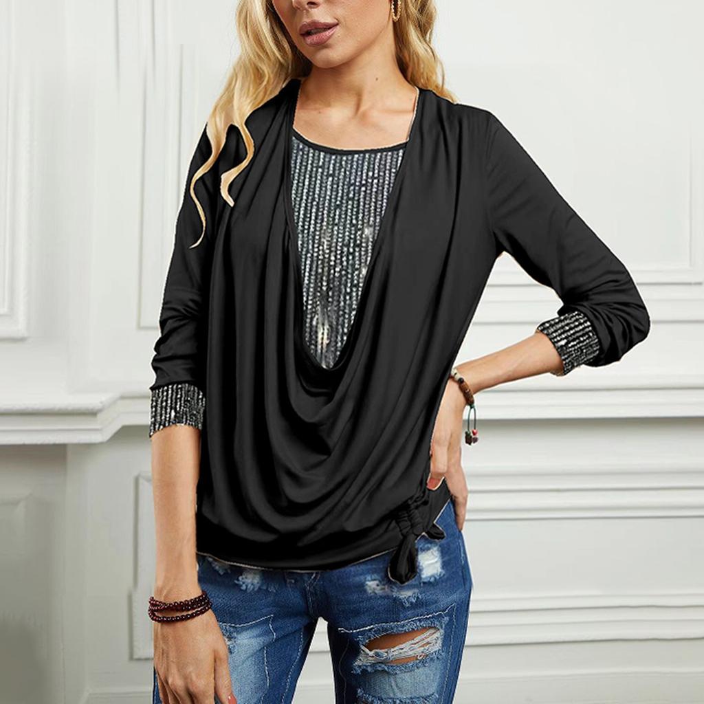 Женский сплошной цвет с блестками и длинным рукавом, большой воротник с подвеской, свободный топ из двух частей с завязками