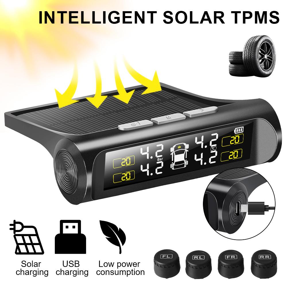 TPMS Tyre Pressure Monitoring System Solar Power LCD Display with 4 Internal/External Sensor Waterproof Temperature Warning