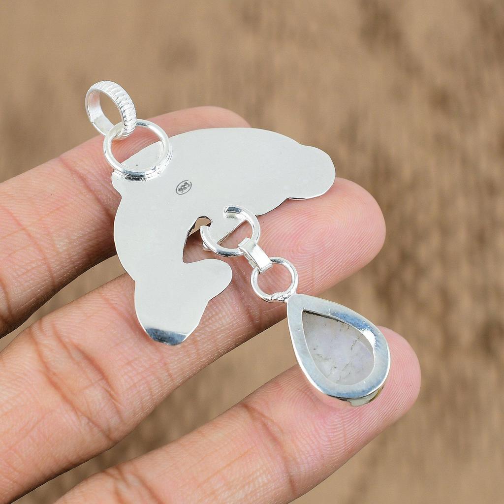 Natural Rainbow Moonstone Gemstone Pendant Fish 925 Sterling Silver Jewelry