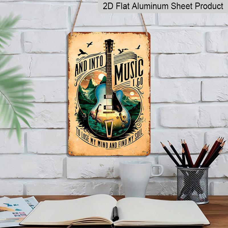 2D Flat 1pc Vintage Guitar & Music Note Metal Wall Art Sign - 12x8 Inch Aluminum Lyric Plaque "Into Music I Go" / "to Lose My Mind & Find My Soul
