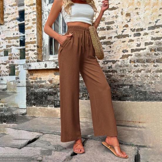Женские повседневные брюки, эластичные длинные брюки с высокой талией на шнурке, прямые широкие брюки, однотонные тонкие летние брюки, уличная одежда
