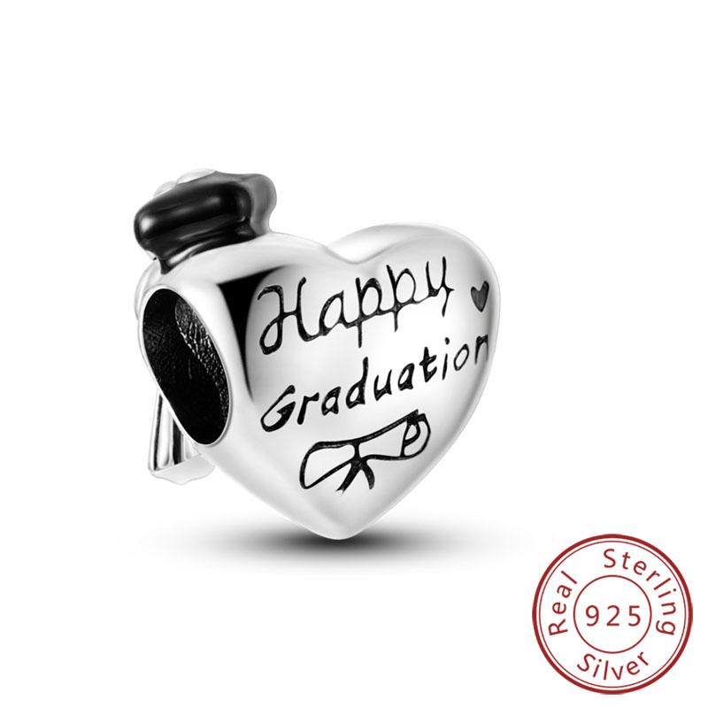 925 Silver Graduation Charms Bachelor Hat Beads Pendants Fit Bracelet DIY Jewelry Gift for Ceremony