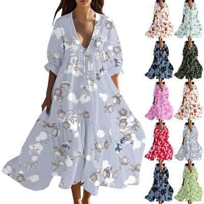 Женское летнее модное платье макси с V-образным вырезом для пляжа, винтажное, с цветочным принтом, шнуровкой и вставками