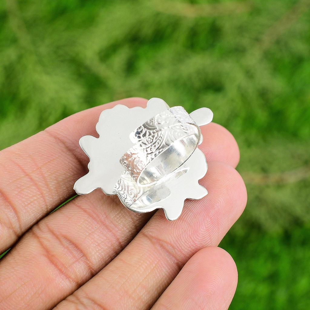 Gift For Her Natural Black Rutile Statement Flower Adjustable Ring 925 Silver