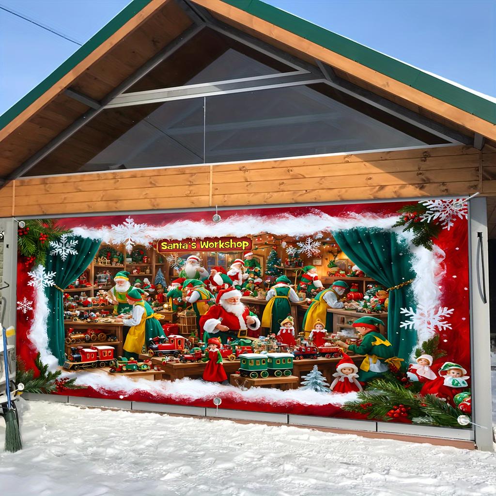 1 piece of vibrant Santa Claus workshop garage door decoration backdrop fabric, large-scale outdoor Christmas decorationzyc