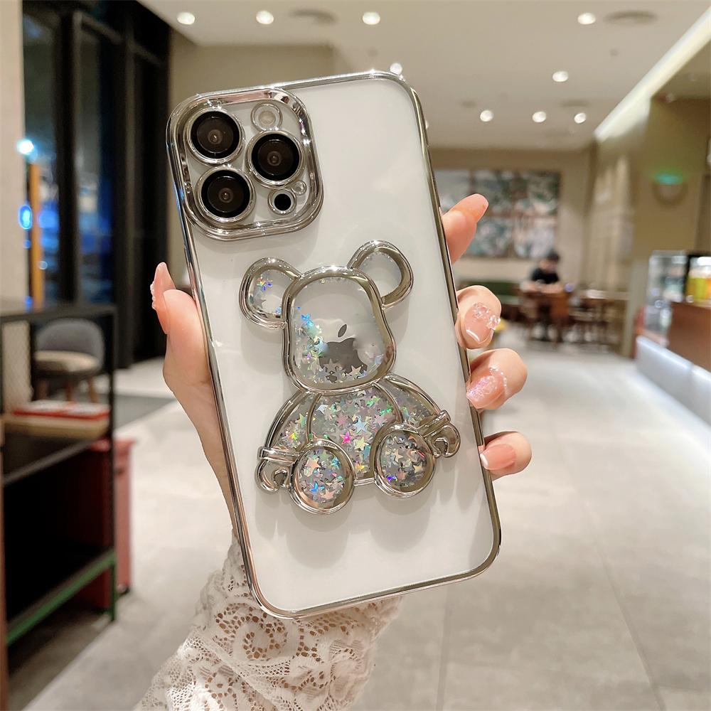 Чехол-брелок с блестками и мишкой для For Iphone 14 16 17 Pro Max 1 Plus Милые гальванические чехлы для For Iphone 1 12 13 11 ProMax