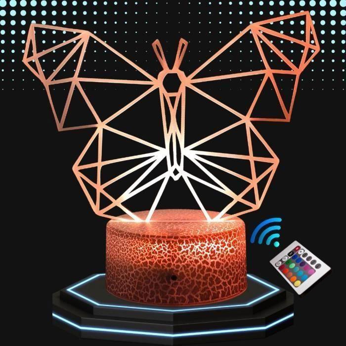 Lampe de chevet 3D led Papillon Hologramme, Veilleuse changement de couleurs 16, Lampe tactile bureau et chambre Enfant, ambiance