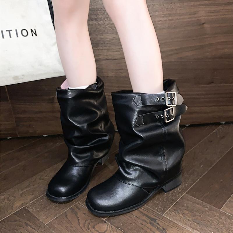 Fashion Shoes Female 2025 New Slip-on Women's Boots Fashion Belt Buckle Modern Boots Women New Round Toe Best Seller Mid-Calf Boots