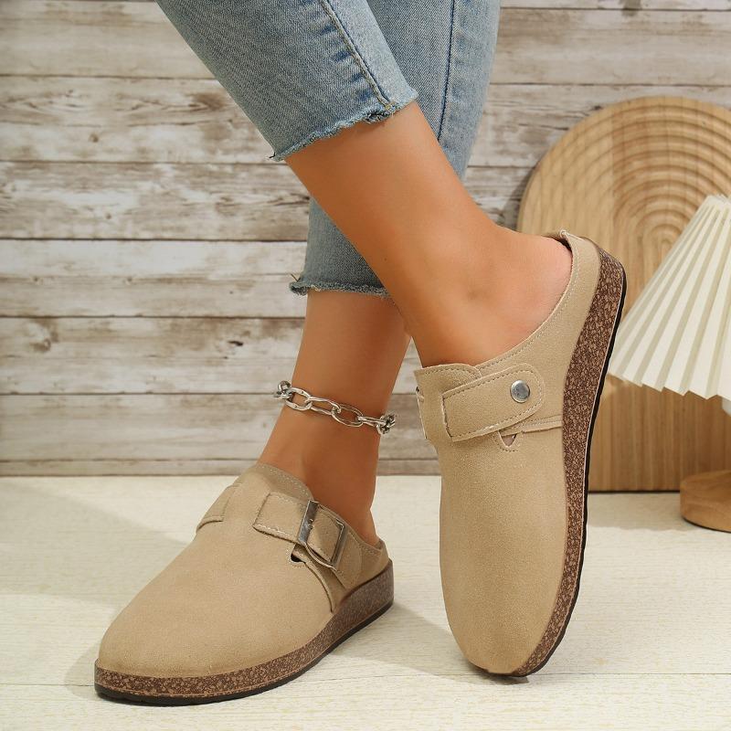 Новая Мода Женские Повседневные Шлепанцы из Искусственной Замши на Танкетке, Мюли из Пробки на Платформе, Клоги, Нескользящая Подошва, Пряжка, Уличная Домашняя Обувь