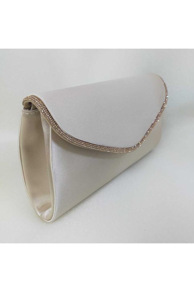 Women's Stylish and Useful Evening Dress Bag Shiny Beige Satin Silver Stone Evening Bag