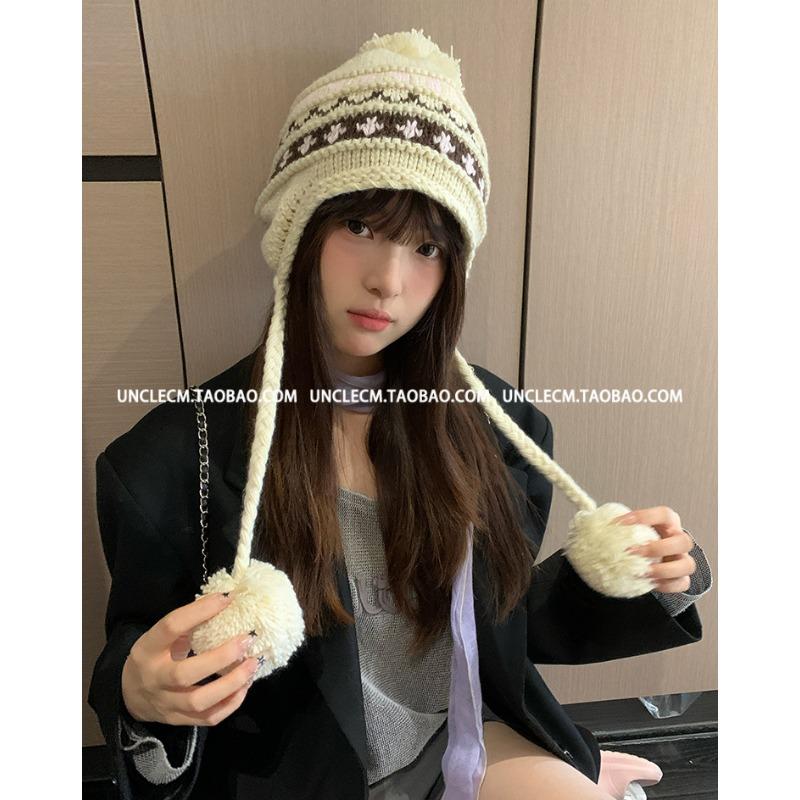 Women S Fair Isle Knit Earflap Hat With Pom Pom Cute Winter Hat