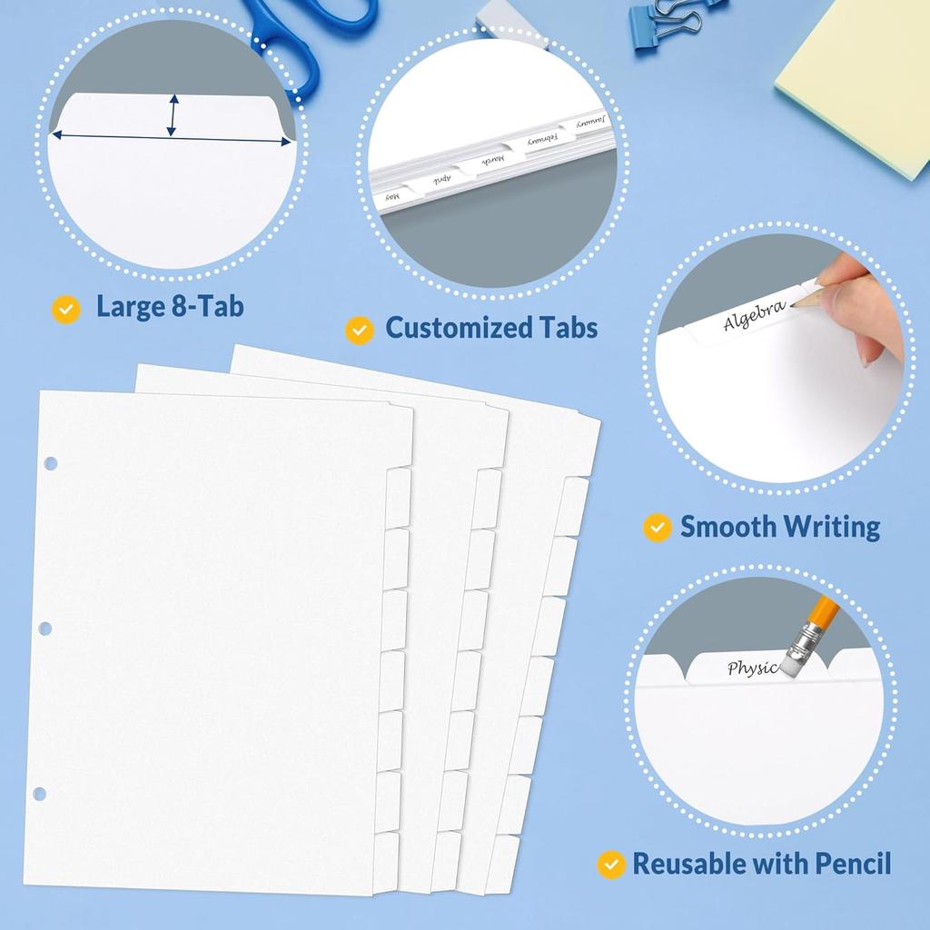 SUNEE Binder Dividers with Tabs for 3 Ring Binder, 8.5 x 11 Paper White Binder Dividers Blank with 8 Tabs, 4 Sets Page Dividers for School, Office
