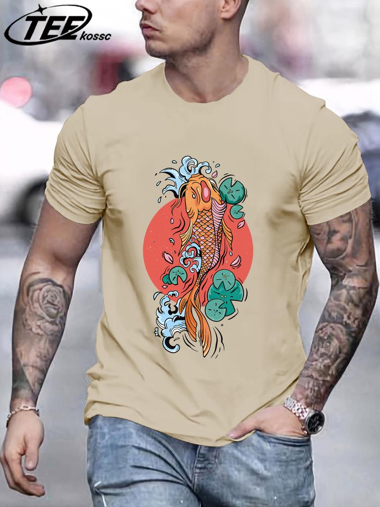Харадзюку Япония Токио Футболка с принтом карпа Мужская Оверсайз Хлопковые Футболки Модные Ретро Топы Повседневные Универсальные С коротким рукавом