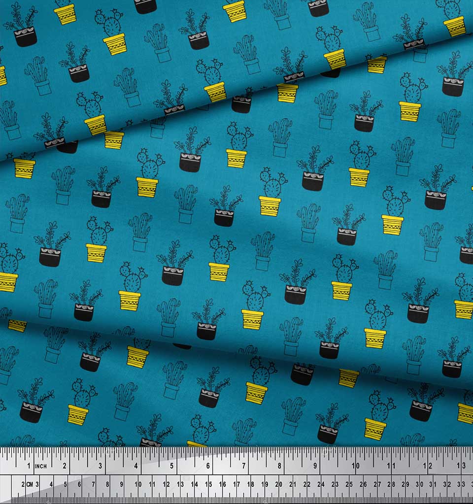 Soimoi Синяя полиэфирная креповая ткань с принтом листьев кактуса, ткань на метр, 42 дюйма