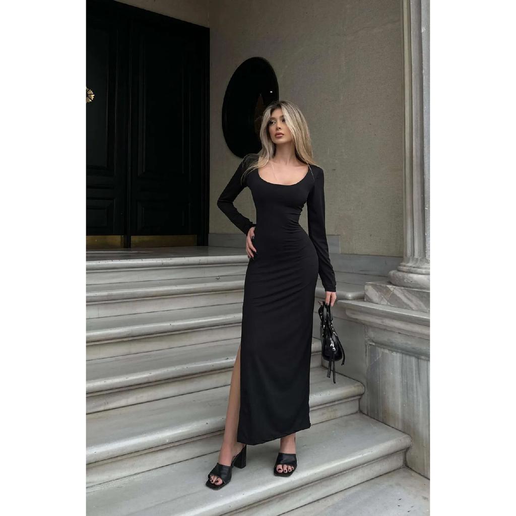 Slit Detailed Square Neck Backless Maxi Dress