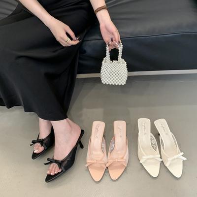 Нежные фееричные крутые тапочки 2025 лето французский темперамент элегантная сетка бант острый носок шпилька высокие каблуки