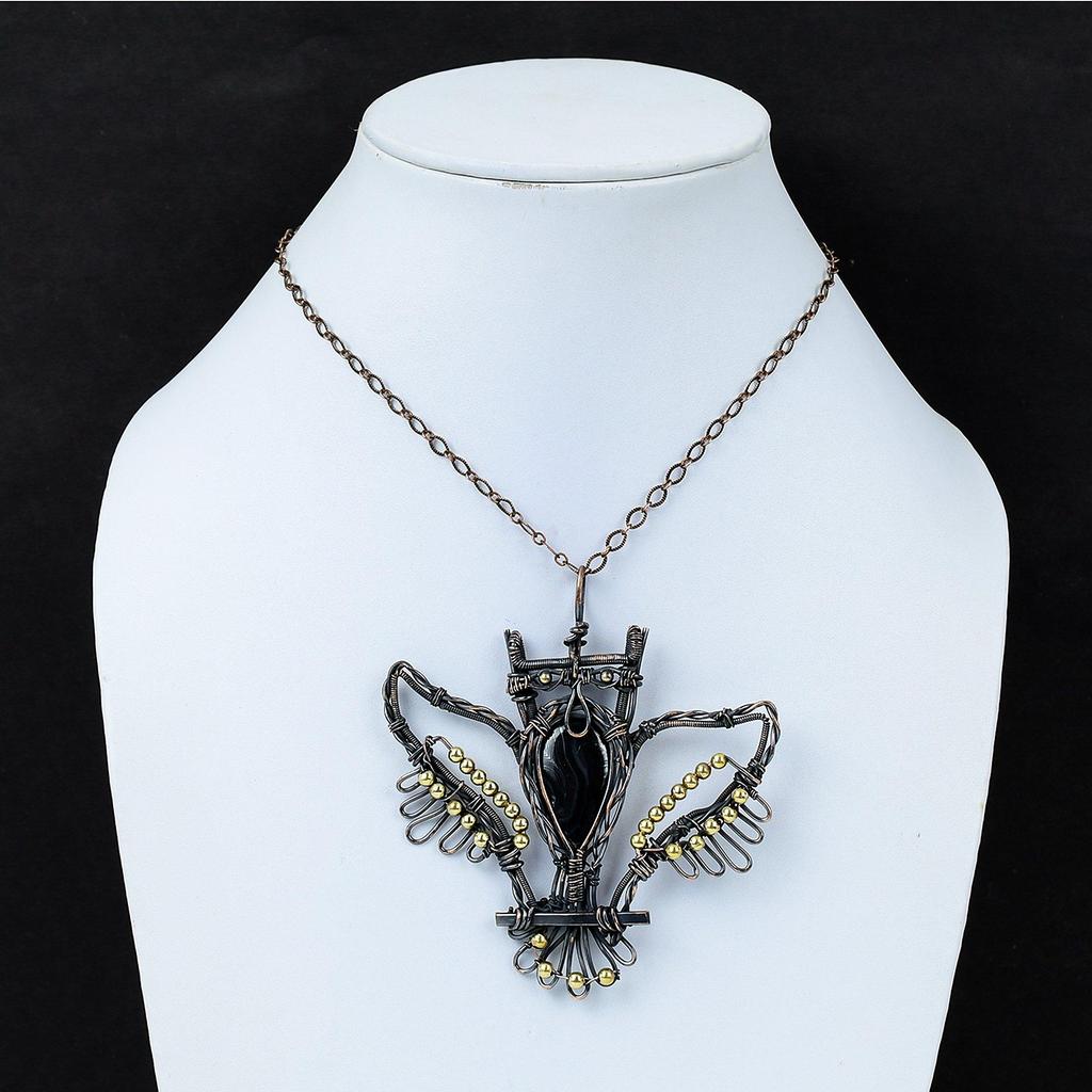 Кулон из псилломелана Медная обмотка Камень в оплетке из проволоки Ручная работа Медные украшения Очень красивый кулон в виде совы Украшения с проволочной обмоткой Подарок для женщин