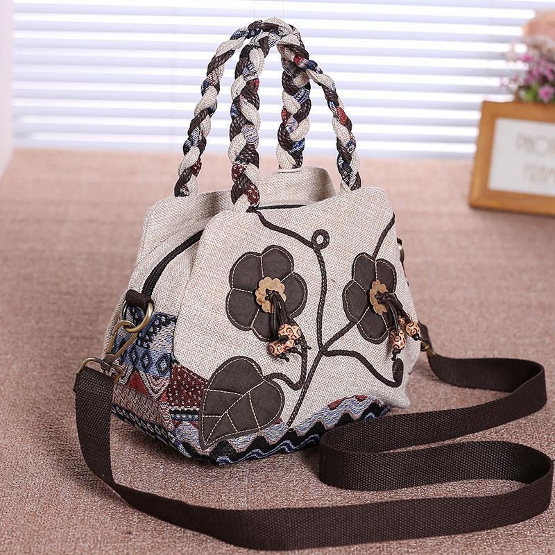 Yogodlns Модная женская сумка-тоут с цветочным принтом в национальном стиле, льняная сумка среднего возраста с верхней ручкой, дорожная женская сумка
