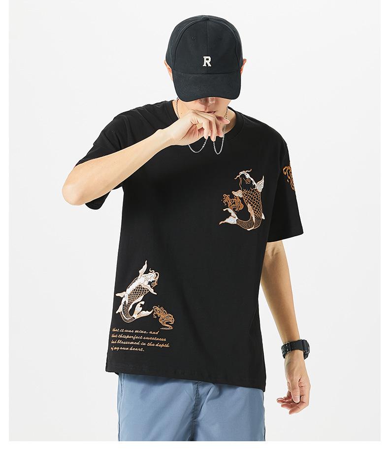 Мужская этническая хлопковая футболка с вышивкой карпов, короткий рукав, свободный крой, большой размер, стиль национальной волны