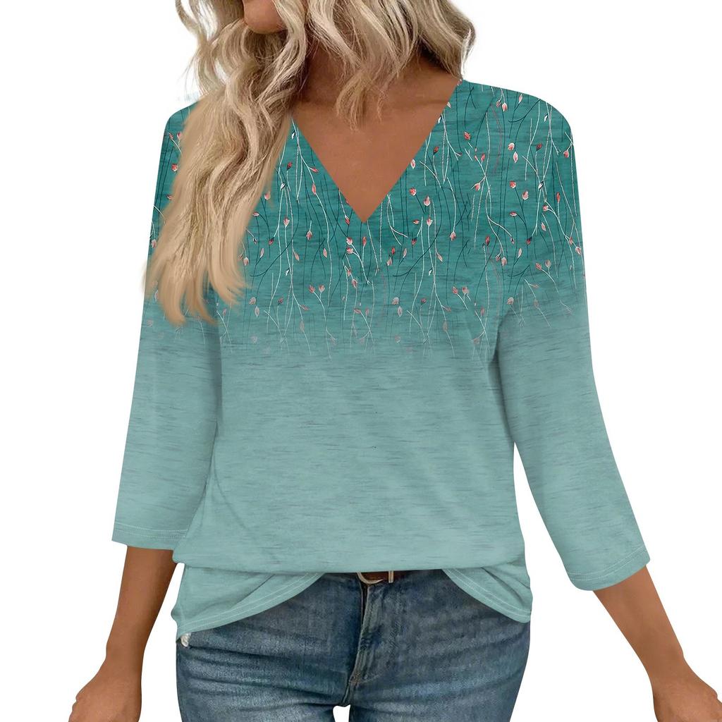 Женские рубашки с рукавом 3/4, топы с принтом и V-образным вырезом, повседневные топы, базовые футболки, блузки, свободные топы