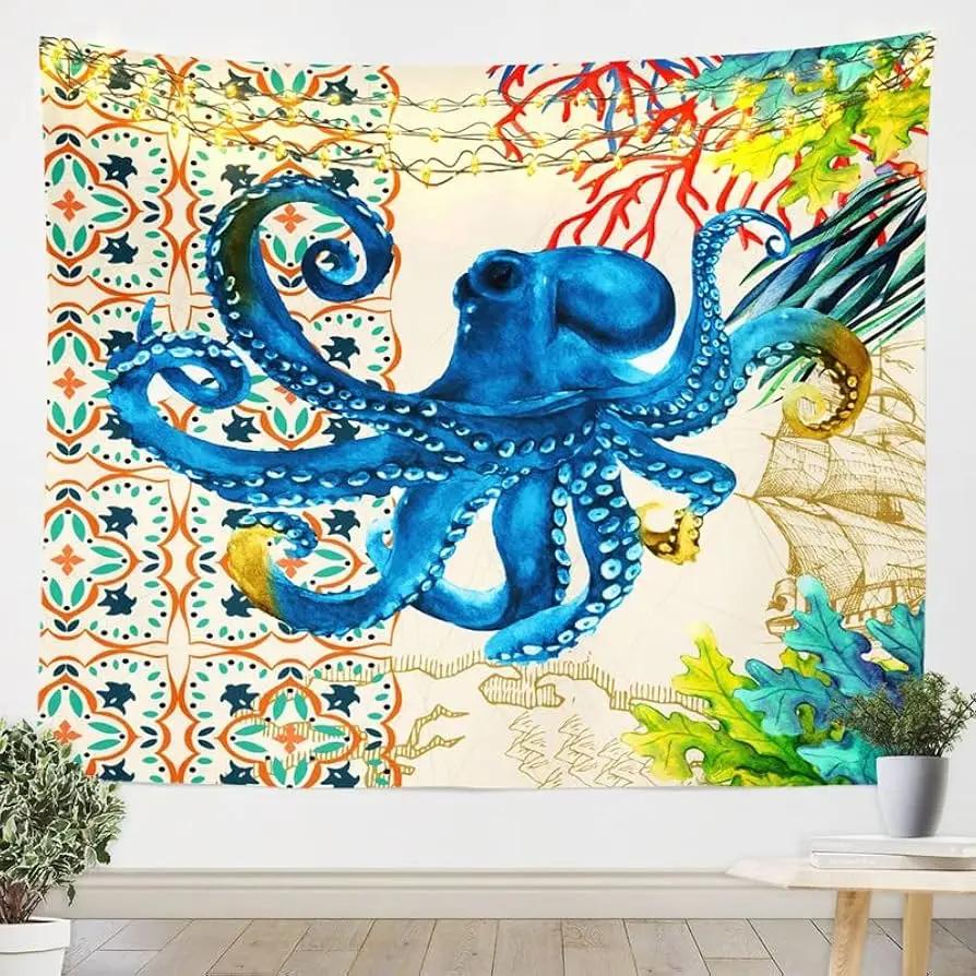 Psychedelic Octopus Tapestry,Sea Animal Tapestry Wall Hanging for Bedroom College Dorm Ocean Tapestries for Home Living Room