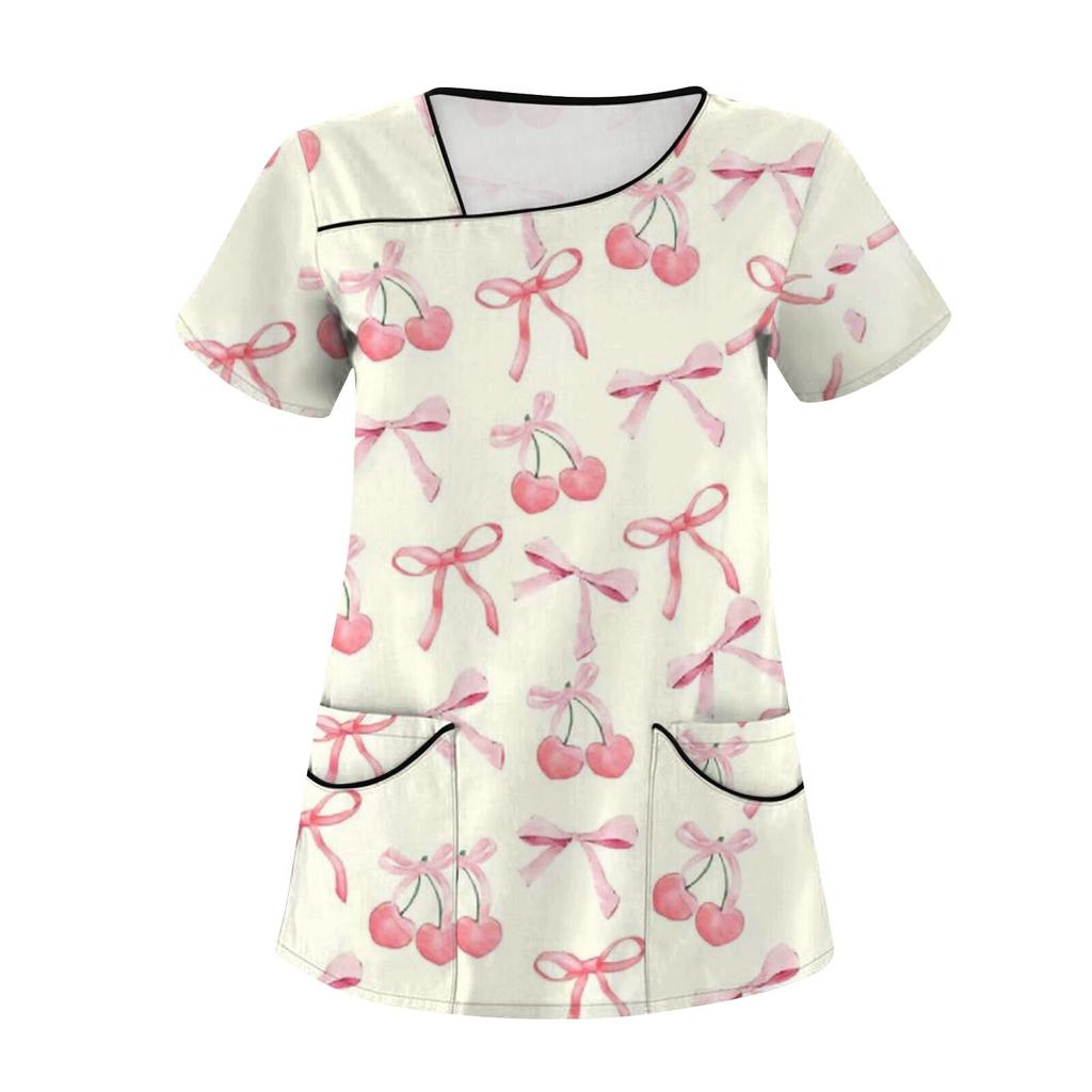 Женская мода с бантом и принтом, короткий рукав, рабочая одежда с двойными карманами