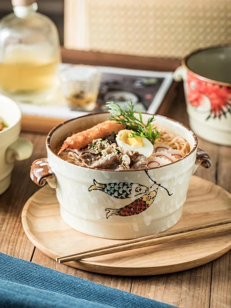 Tableware Japanese Hand-painted Double Ear Soup Bowl Large Capacity Ramen Bowl Instant Noodle Bowl Dumpling