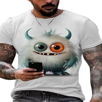 Футболка для мужчин Забавный монстр Графический Повседневный мультфильм Милый 3D-принт с коротким рукавом O-образным вырезом Пуловер Уличная одежда больших размеров