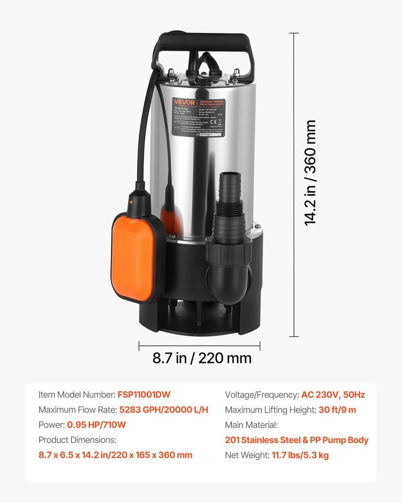 710W Submersible Sump Pump, 20000 L/H, Stainless Steel Submersible Sewage Dirty Clean Water Pump with Automatic Float Switch, Long Cord, 9M Max Lift,