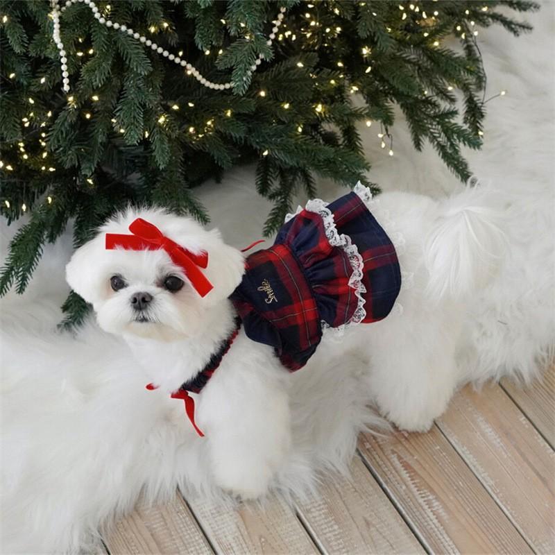 Pet Dog Christmas Dress Plaid Skirt Outfit With Lace Trim Sweet Style Cotton Blend Holiday Costume Small Medium Dogs