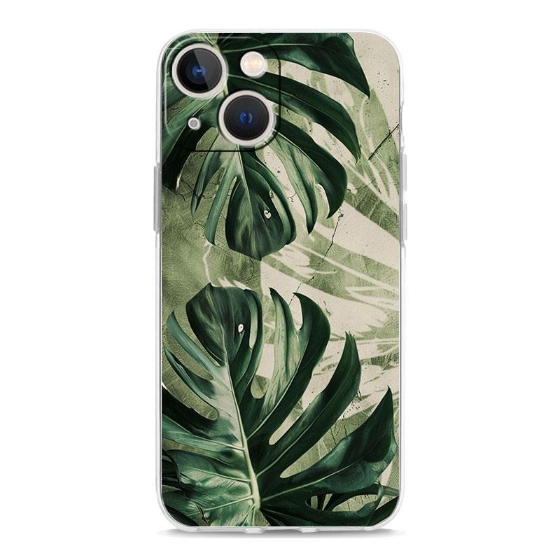 Чехол для телефона iPhone 17 Air Cases iPhone 16 15 12 13 14 Pro Max SE 7 8 Plus iPhone11 Прозрачный Мягкий Чехол Листья Монстера Зеленый