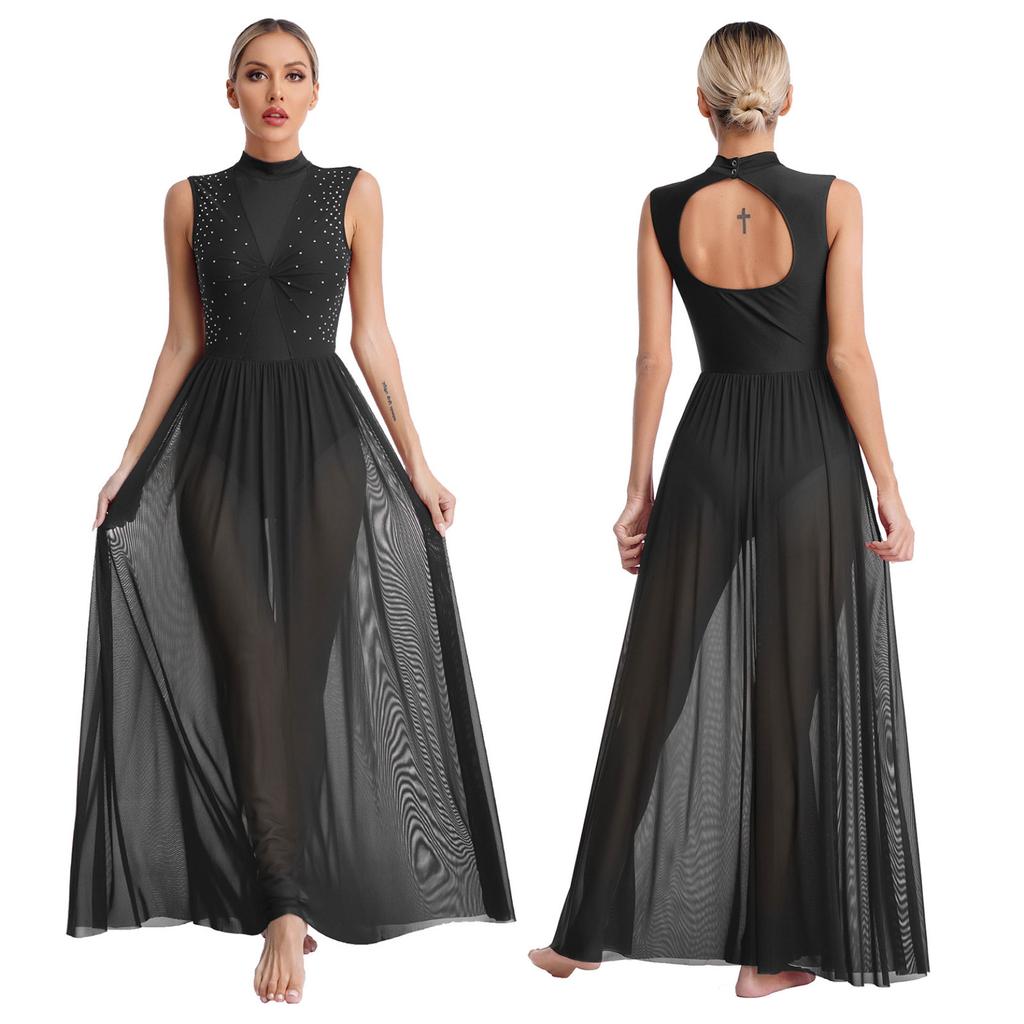 Women Long Dress Lyrical Modern Dance Sleeveless Open Back Twist Sheer Mesh Overlay Leotard Praise Liturgical Dancewear