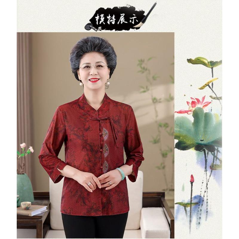 Блузка в китайском стиле с воротником-стойкой для женщин среднего возраста, элегантная повседневная блузка с принтом, с коротким рукавом