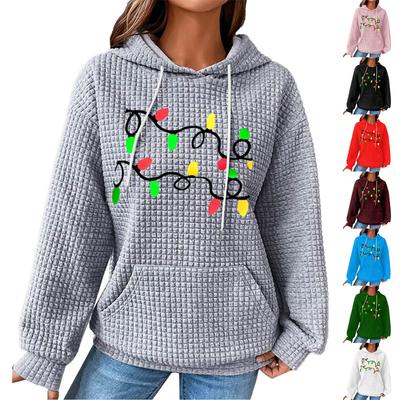 Женский модный свободный пуловер с капюшоном, длинными рукавами, клетчатый свитшот с кулиской, со спущенным плечом, карманом, рождественским принтом