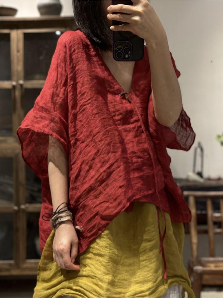 Johnature Женские винтажные льняные летние рубашки, сплошной цвет с поясом, топы в китайском стиле, блузки с короткими рукавами и v-образным вырезом, свободная рубашка