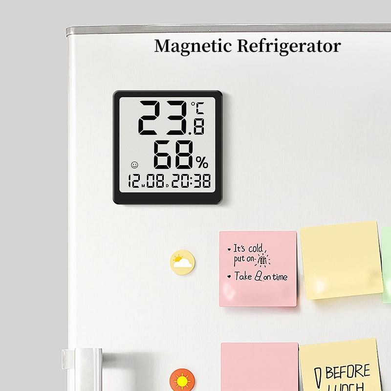 Мини портативные цифровые настольные часы с индикатором температуры и влажности, датой, работающие от батареек, настольные часы 12/24 ч. Магнитные настенные часы для холодильника с ЖК-дисплеем