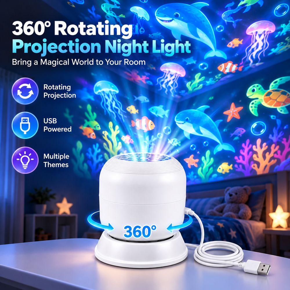 360 Degree Rotating Projection Night Light USB Powered Ocean Projector Lamp Kids Room Decor