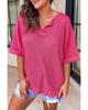 Strawberry Pink Textured Knit Split Neck Cuffed Short Sleeve Top