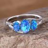 Blue Fire Opal Three Stone Ring Cute Oval Birthstone Engagement Rings For Women Vintage Charm  Color Wedding Bands Jewelry