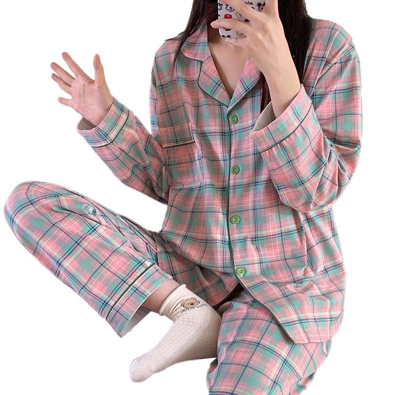 Japanese Style Girls Plaid Pajama Set - Cute Long Sleeve Fresh Homewear