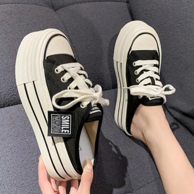 2025 Лето Новые Тапочки На Толстой Подошве Модные Женские Повседневные Сандалии Черные Белые Холщовые Увеличивающие Женские Низкие Кроссовки