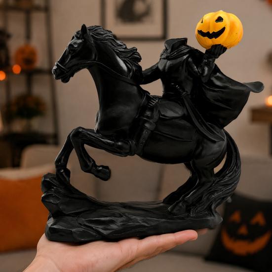 Unique Holiday Gift Headless Horseman Statue with Pumpkin, Horror Knight Holding Pumpkin Decorative Resin Ornament, Halloween Horse Sculpture