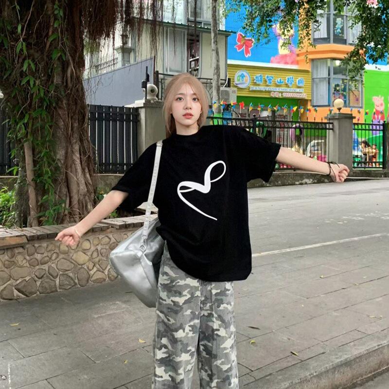 Women Summer Short Sleeve Cartoon Bear Printed Oversize T Shirt Blouse Top