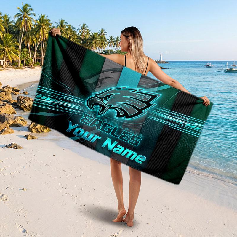 Philadelphia Eagles Customized Name Text Beach Towel, Soft Absorbent Towel Beach Pool Travel Personal Gift