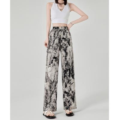 Широкие брюки в китайском стиле с рисунком тушью для женщин. Летние новые стильные драпированные и утягивающие брюки в пол в китайском стиле. Прямые брюки с высокой талией.