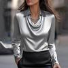 Elegant Satin Cowl Neck Bluzka Ko'ylak Yoqasi va Uzun Yengli