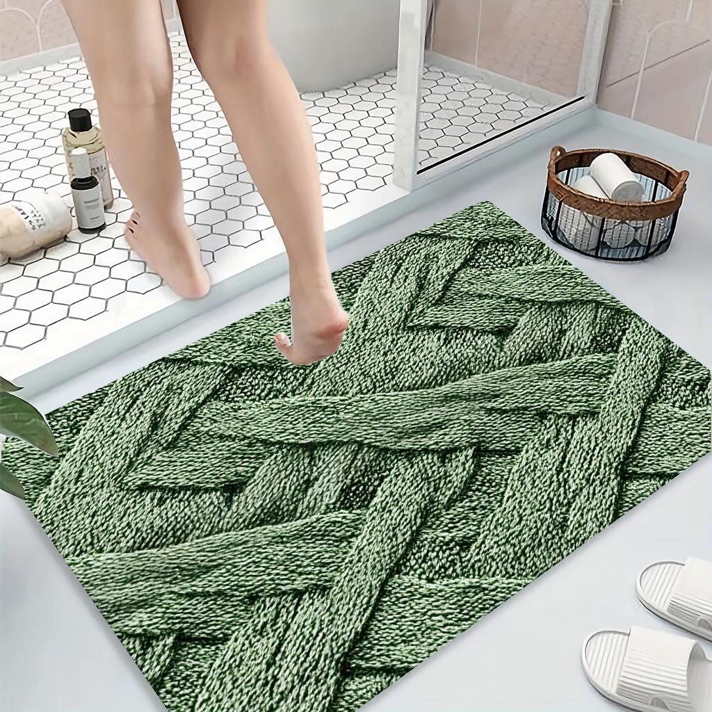 Olive Green Textured Bath Mat, Soft Flannel Non-Slip Rug, Printed Pattern for Bathroom, Living Room, Kitchen, Modern Home Decor