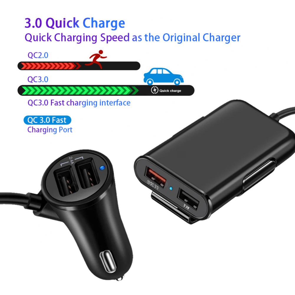 Автомобильное зарядное устройство, 4-портовый USB-концентратор, удлинительный кабель 1,7 м/5,6 фута, пассажирская передняя задняя часть, быстрая зарядка автомобиля