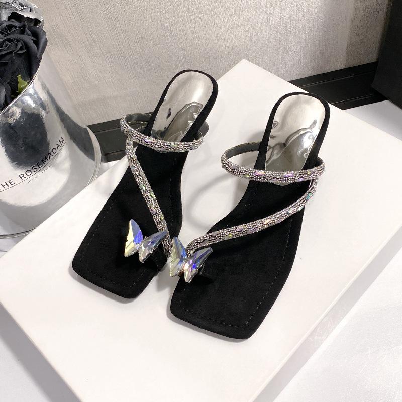 Rhinestone thin heel cover toe cool slippers women's 2025 summer new Korean version Internet celebrity bow fashion wear high heel slippers