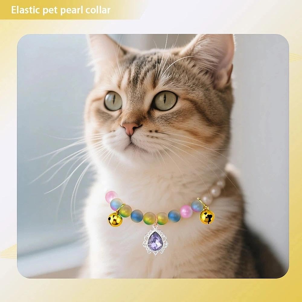 Pearl Cat Collar with Bell Rhinestones Teardrop Pet Necklace for Small Dog Colorful Pearls Elastic Charm Collar for Cats Puppy Wedding Party Dress